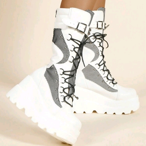 Women's Platform Chunky Heel Mid-Calf Punk Boots - Picture 1 of 5